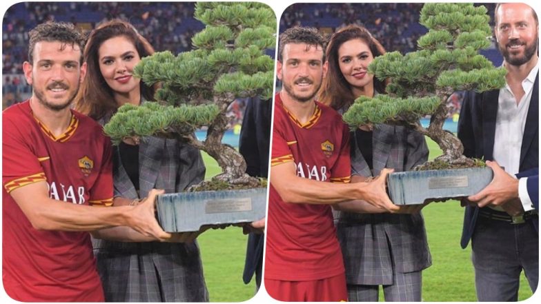 AS Roma's Alessandro Florenzi Receives Tree Trophy From Esha Gupta Who Becomes First Indian Actor to Attend Mabel Green Cup (View Pic)