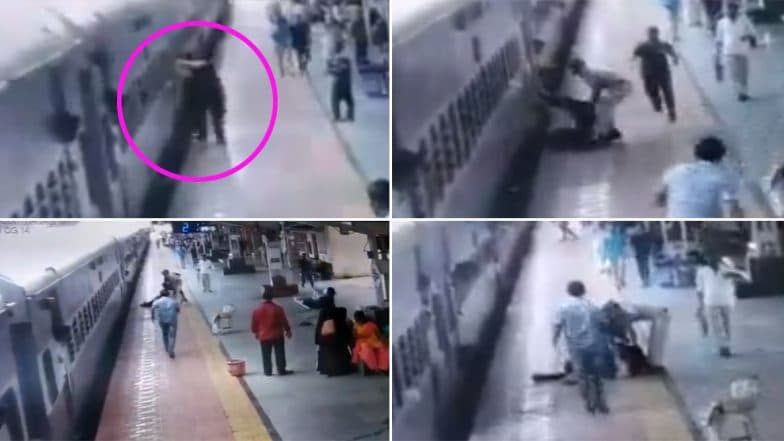 RPF Constable in Maharashtra Saves Passenger From Falling Under Moving Train at Manmad Station; Watch Video RPF Constable in Maharashtra Saves Passenger From Falling Under Moving Train at Manmad Station; Watch Video