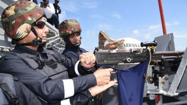 Rajnath Singh Fires Machine Gun During 'Day at Sea' Onboard INS Vikramaditya; Watch Video