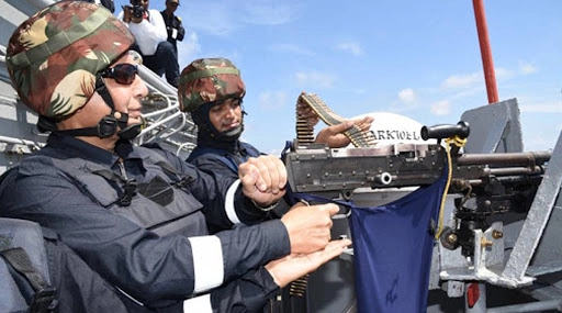 Rajnath Singh Fires Machine Gun During 'Day at Sea' Onboard INS Vikramaditya; Watch Video