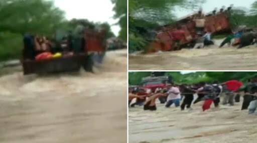 Close Shave For 12 School Children As Truck Tilts on Flooded Road in Rajasthan