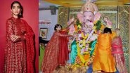 Sonam Kapoor Looks Resplendent in Red and Golden Anarkali as She Offers Prayers at Andheri Cha Raja (View Pics)