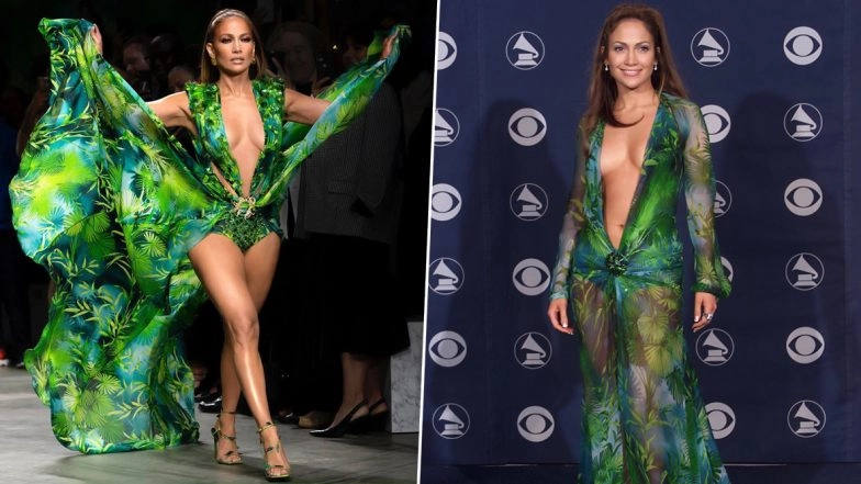 Jennifer Lopez Sets the Runway on Fire at Versace's Milan Fashion Week Show in a New Version of Her Iconic 'Jungle Dress' (View Pics and Videos)