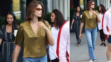 Yo or Hell No! Kaia Gerber in Moss Green Satin Top and Mom Jeans to Keep Birthday Celebration Going