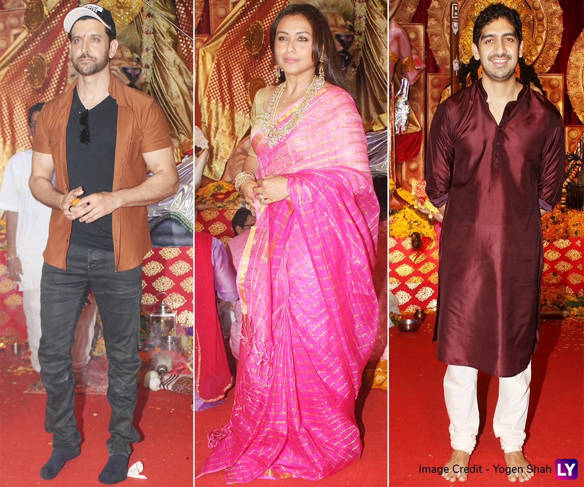 Hrithik Roshan, Ayan Mukerji and Rani Mukerji at Durga Puja festivities.
