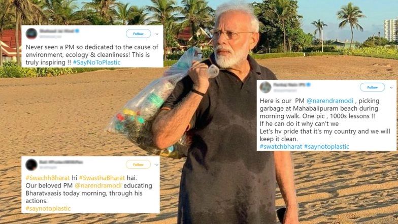 Narendra Modi Plogging at Mahabalipuram Beach Goes Viral! Netizens Urge #SayNoToPlastic While Lauding PM