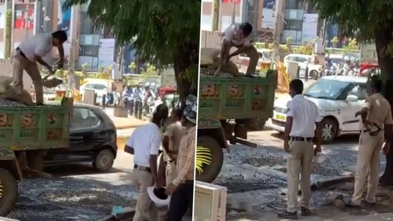 Bengaluru Traffic Police Repair Pothole In The City, Twitterati Hail Cops And Demand Answers From Municipal Corporation (Watch Video)