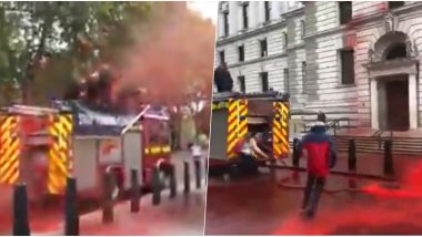 Climate Activists' in London Fail to Spray Fake Blood on UK Finance Ministry After They Lose Control of The Hose Pipe (Watch Viral Video)