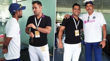 MS Dhoni Meets Shahbaz Nadeem, Ravi Shastri and Others in Team India Dressing Room Post Virat Kohli & Co.’s 3–0 Series Win Over South Africa; Netizens Excited on Seeing ‘Thala’!