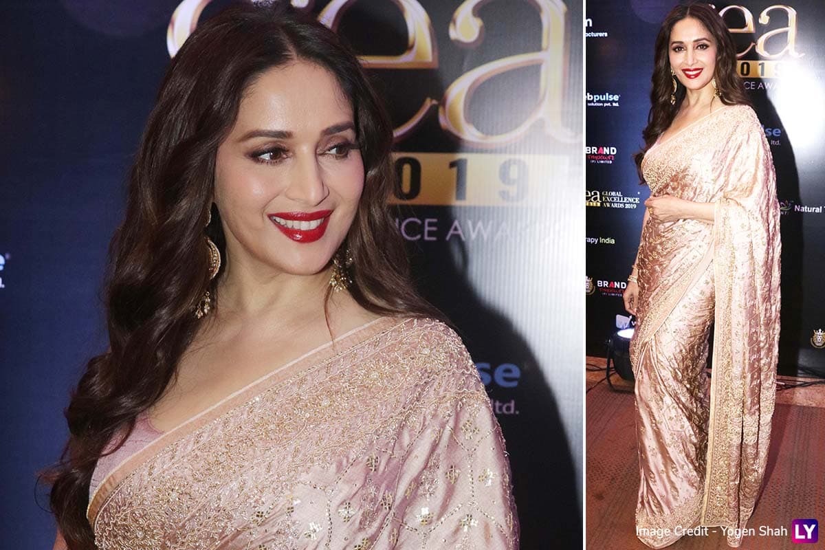 Madhuri Dixit Is the Epitome of Beauty in a Golden Embroidered Saree at ...