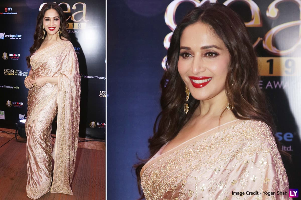 Madhuri Dixit Is the Epitome of Beauty in a Golden Embroidered Saree at ...