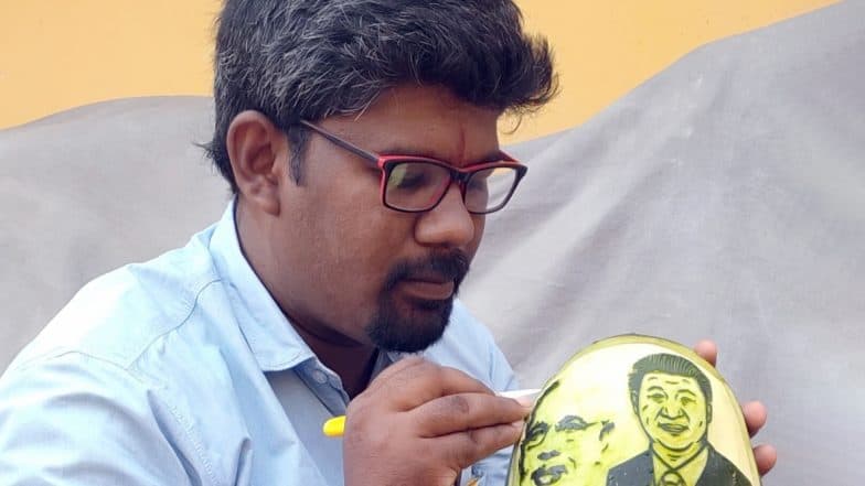 Narendra Modi-Xi Jinping Informal Summit in Mamallapuram: Artiste Carves Images on Watermelon to Welcome Global Leaders Narendra Modi-Xi Jinping Informal Summit in Mamallapuram: Artiste Carves Images on Watermelon to Welcome Global Leaders