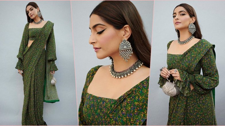 Sonam Kapoor Ahuja’s Floral Green Saree From House of Masaba Is the Perfect Inspo for Day 6 of Navratri 2019 (View Pics)