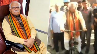 Haryana Assembly Elections 2019: CM Manohar Lal Khattar Takes Shatabdi Express Train And Rides Cycle to the Polling Booth, Watch Video