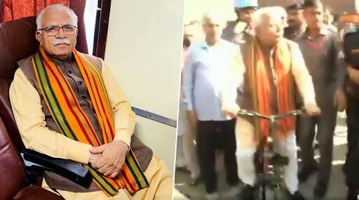 CM Manohar Lal Khattar Takes Shatabdi Express Train And Rides Cycle to the Polling Booth