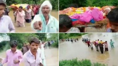 Madhya Pradesh: Mandsaur Residents Carry Dead Body of Woman For Last Rites Through Flooded Nullah, Watch Tragic Video