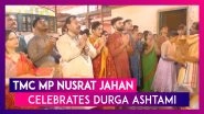 Actress Turned MP Nusrat Jahan Plays 'Dhaak', Offers Prayers At Suruchi Sangha Pandal In Kolkata