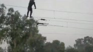 Madhya Pradesh: Man Dangles From Overhead Wire at Dabra Railway Station in Gwalior, GRP Officials Come to Rescue; Watch Video
