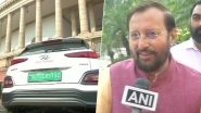 Prakash Javadekar Arrives at Parliament on 'Hyundai Kona' Electric Car to Attend First Day of Winter Session, See Pics
