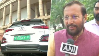 Prakash Javadekar Arrives at Parliament on 'Hyundai Kona' Electric Car to Attend First Day of Winter Session, See Pics