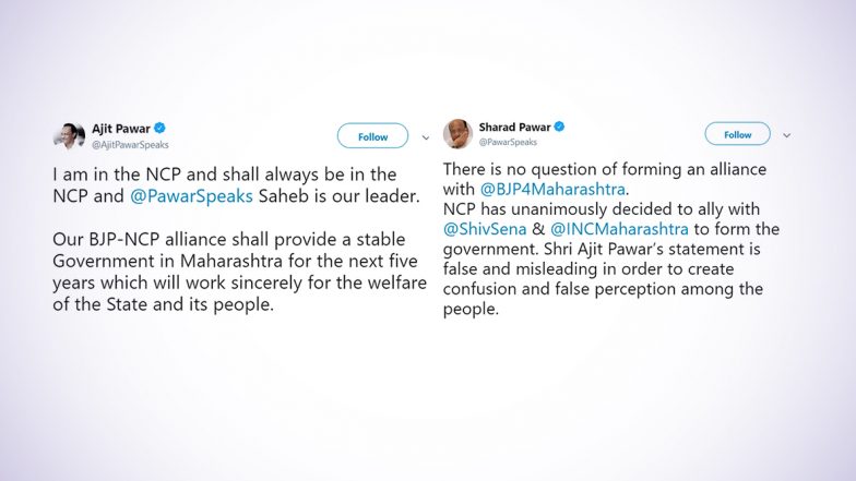 Maharashtra Political Turmoil: Twitter War Between Pawars Leaves Voters Confused; Ajit Firm on NCP Supporting BJP, Sharad Pawar Calls it 'Misleading'