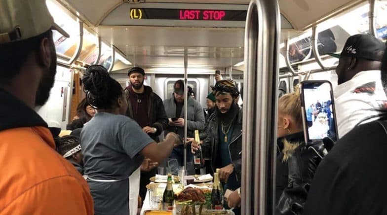 Thanksgiving 2019: NYC Subway Riders Have a Full Thanksgiving Dinner on the L Train