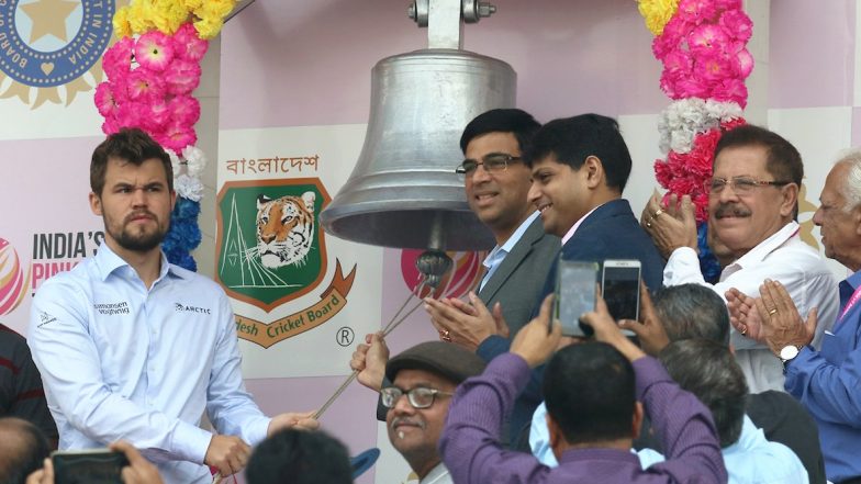 Magnus Carlsen and Viswanathan Anand Ring Bell at Eden Gardens on Day 2 of India vs Bangladesh Pink-Ball Test