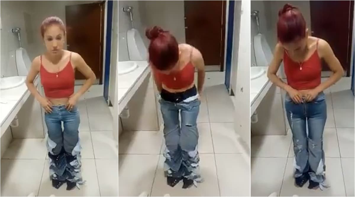 A woman was caught wearing eight pairs of jeans she stole from a shop. 