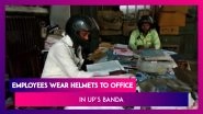 UP: Electricity Dept Employees Wear Helmets To Protect Themselves From Crumbling Building In Banda
