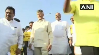 Andhra Pradesh: TDP Chief Chandrababu Naidu and Party Workers Stage Protest by Walking Backward, Allege YSRCP Government of 'Pushing State in Backward Direction'