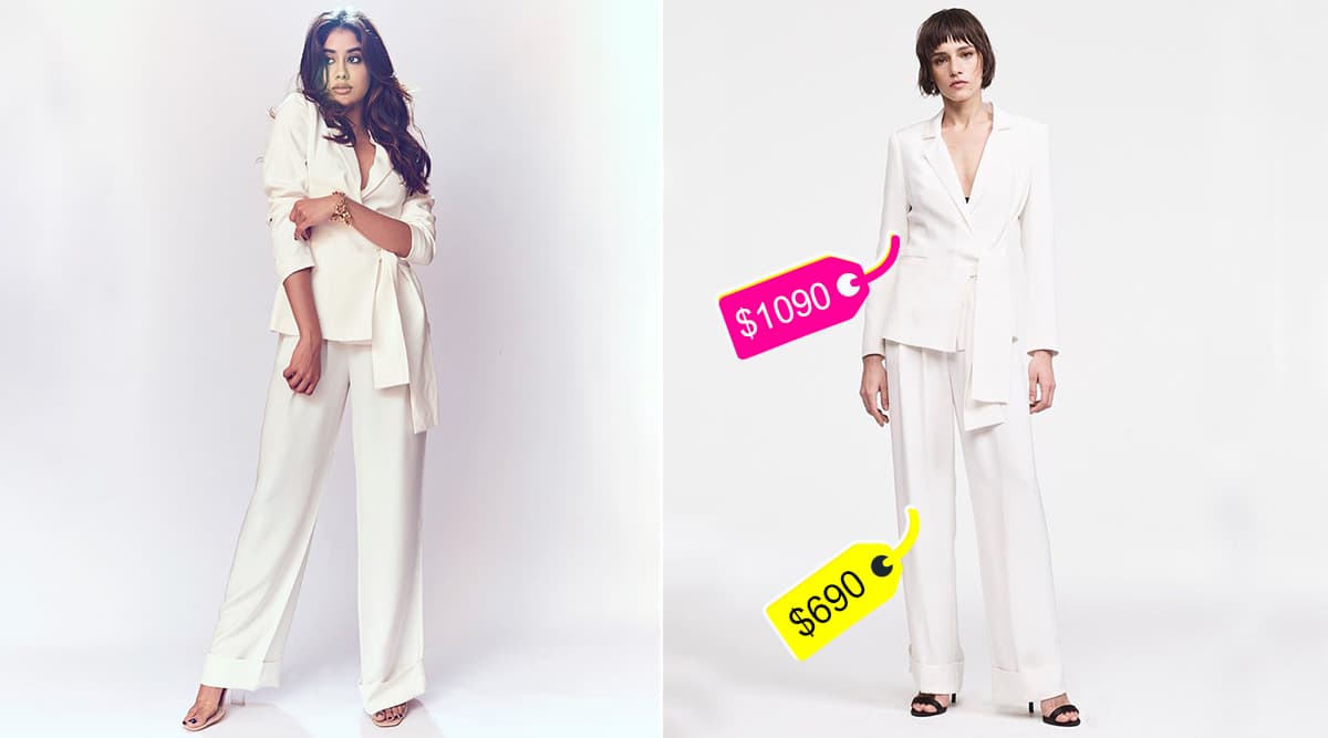 Janhvi Kapoor in Judy Zhang pantsuit for Benetton meet and greet