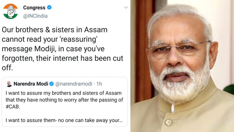 'Assam Cannot Read Your Message Modi Ji, Their Internet Cut Off': Congress Jabs PM for Addressing CAB Concerns Via Social Media
