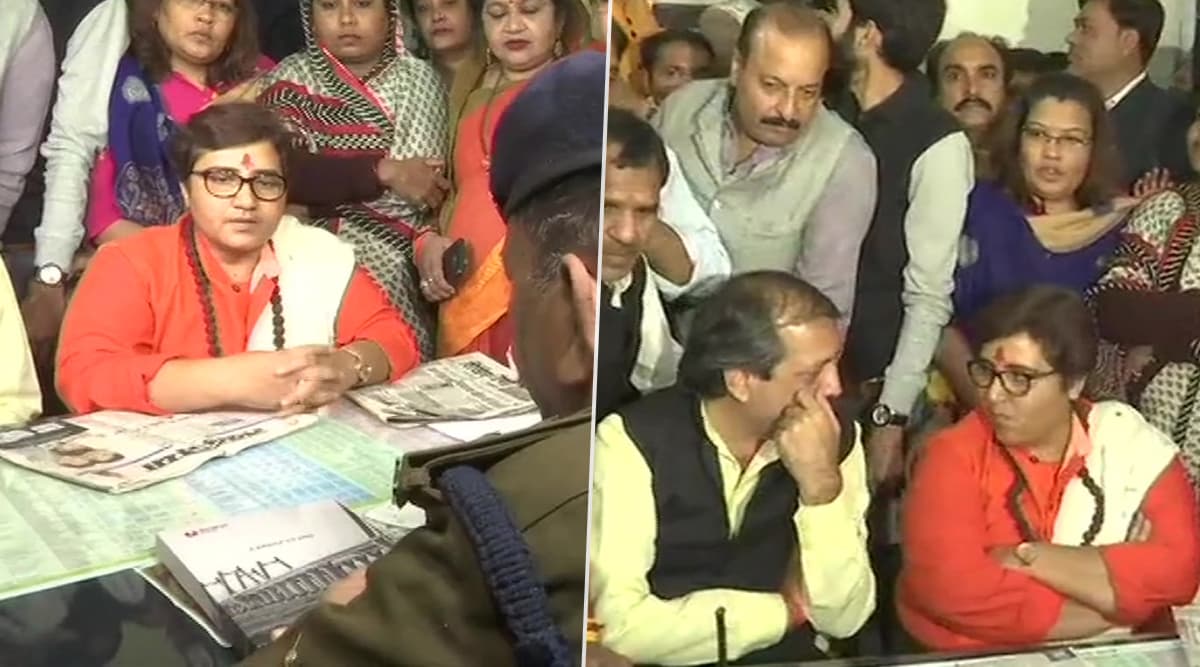 Pragya Singh Thakur Sits on Dharna Outside Police Station in Bhopal, Demands Filing of Complaint Against Congress' Govardhan Dangi Pragya Singh Thakur Sits on Dharna Outside Police Station in Bhopal, Demands Filing of Complaint Against Congress' Govardhan Dangi