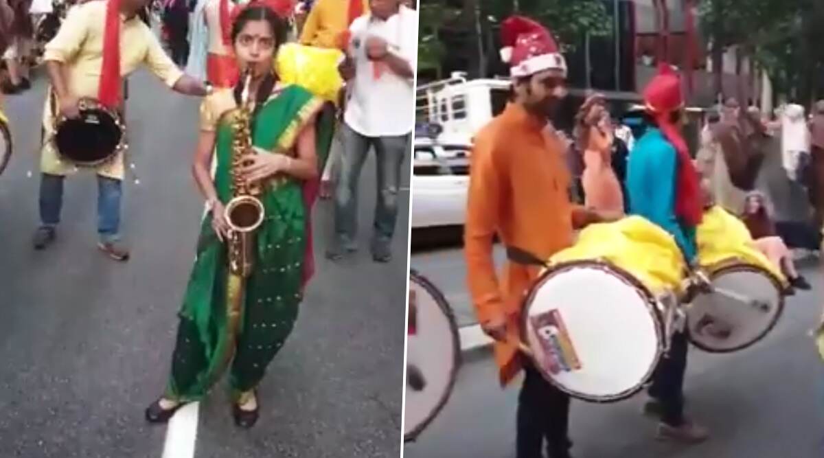 Puneri Twist of Jingle Bells Sees Nauvari Saree-Clad Girl Playing Popular Christmas Rhyme on Saxophone and Dhol Tasha, Watch Viral Video Puneri Twist of Jingle Bells Sees Nauvari Saree-Clad Girl Playing Popular Christmas Rhyme on Saxophone and Dhol Tasha, Watch Viral Video