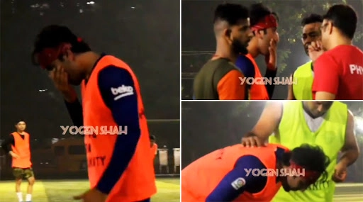 Ranbir Kapoor takes a hit to his face during a match of football yesterday