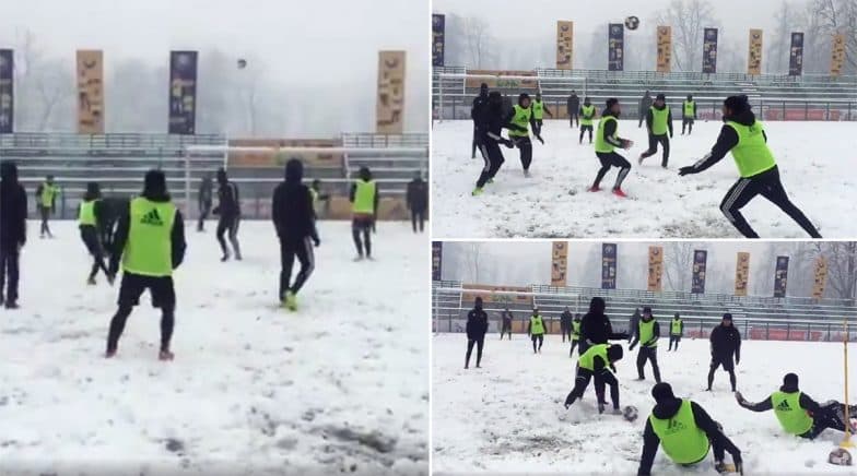 Real Kashmir FC Players Train Amidst Heavy Snowfall at TRC Turf Ground in Srinagar (Watch Video)