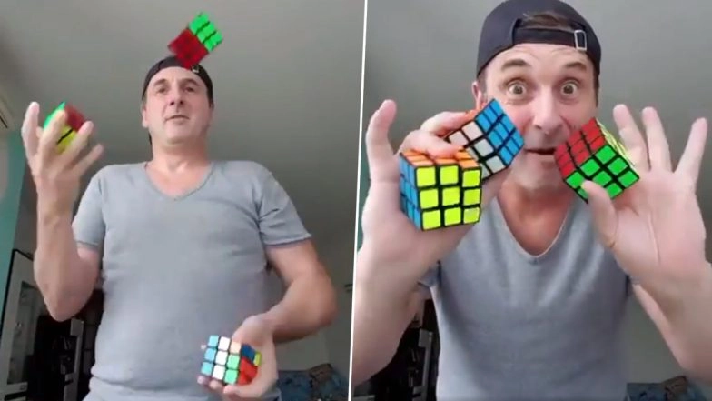 Man Solves 3 Rubik's Cubes by Just Juggling Them But Twitterati Highly Doubts, Calling it a Fake Trick (Watch Viral Video)