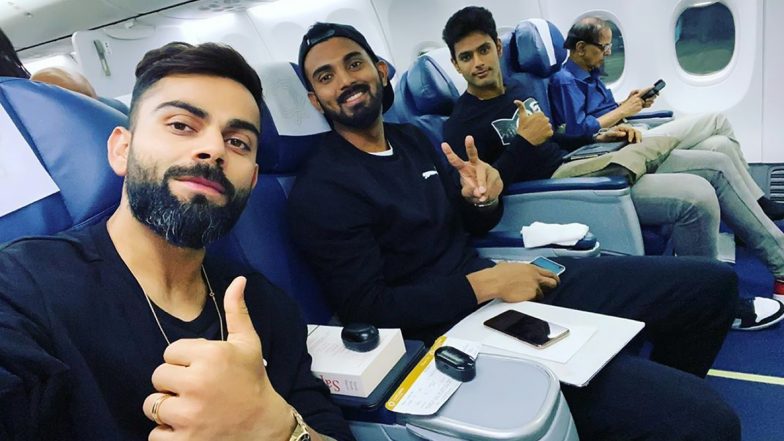 Virat Kohli Shares In-Flight Selfie Ahead of India vs West Indies 1st T20I in Hyderabad, KL Rahul and Shivam Dube Also in the Frame; See Instagram Post
