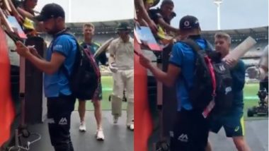 Rashid Khan Signs Autograph for Fans, David Warner Playfully Tries to Hit the Afghanistan Spinner with the Bat (Watch Video)