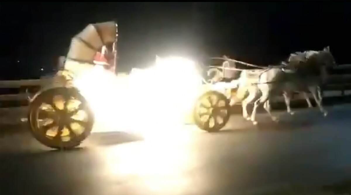 Pune: Horse Chariot Loses Control, Chauffeur Rides Triple Seat on Motorbike to Catch Hold of Them (Dramatic Video Goes Viral) Pune: Horse Chariot Loses Control, Chauffeur Rides Triple Seat on Motorbike to Catch Hold of Them (Dramatic Video Goes Viral)
