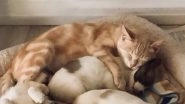 Katryn, The Cat Who Adopted Four Puppies After Losing Her Kittens and Grieving for Days, Goes Viral For Nursing and Sleeping With Them (Watch Video)
