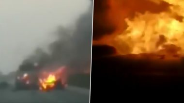 Gujarat: Vehicles Burn in Multiple Explosions After Truck Full of LPG Cylinders Overturns in Surat, Narrow Escape for School Kids; Watch Horrific Video