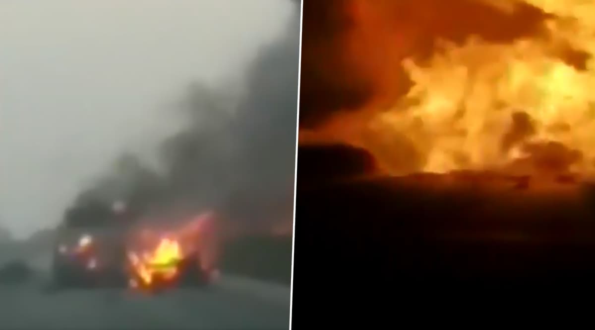 Gujarat: Vehicles Burn in Multiple Explosions After Truck Full of LPG Cylinders Overturns in Surat, Narrow Escape for School Kids; Watch Horrific Video Gujarat: Vehicles Burn in Multiple Explosions After Truck Full of LPG Cylinders Overturns in Surat, Narrow Escape for School Kids; Watch Horrific Video