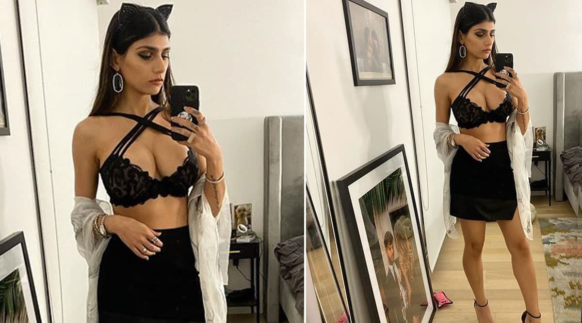 1200px x 667px - Mia Khalifa in a Black Criss-Cross Bralette and Cat Ears Is a ...