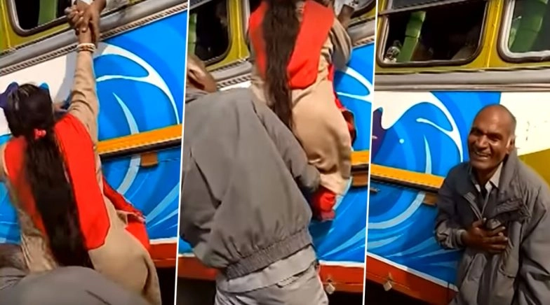 Love Conquers All: Man Pushes Wife Inside a Crowded Bus Through Window in West Bengal! (Watch Funny Video)