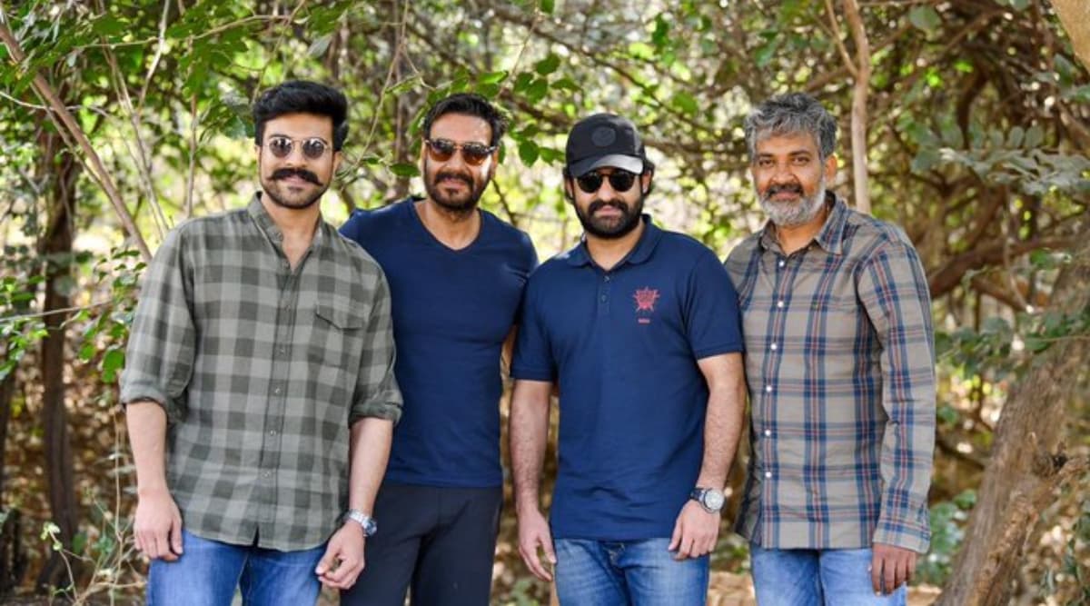 rrr: ajay devgn poses with ram charan, jr ntr and director ss