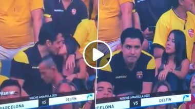 Barcelona vs Delfin Kiss Cam Video: Man's Awkward Kiss to Woman Goes Viral, Netizens Suspect Him of Cheating on Wife