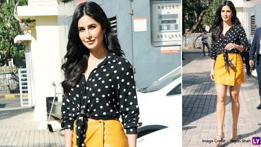 Katrina Kaif Opts For a Retro Look With Monochrome Knotted Top and Mini Faux Leather Skirt and We Are Sold!