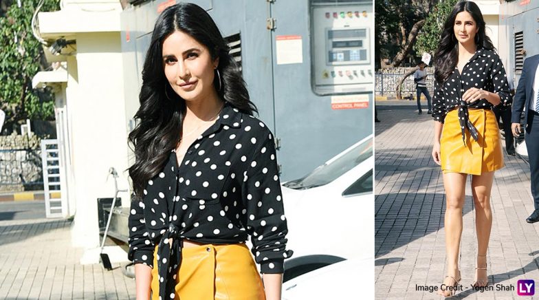 Katrina Kaif Opts For a Retro Look With Monochrome Knotted Top and Mini  Faux Leather Skirt and We Are Sold! | ðŸ‘— LatestLY
