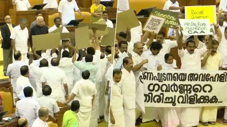 Kerala UDF MLAs Stage Protest in State Assembly Against CAA, Raise 'Recall Governor' Slogan Against Arif Mohammad Khan